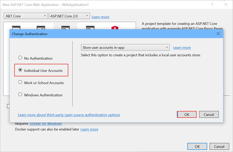 New ASP.NET Core Web authentication dialog